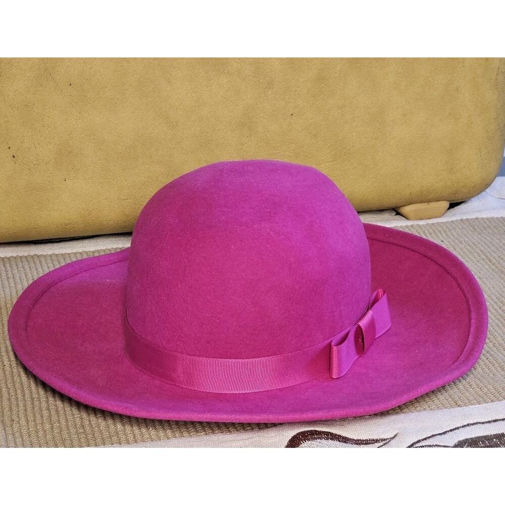 Vintage Womens 60s 70s Pink Felt Hat Wide Brim Grosgrain Band USA WPL 5923 - Picture 2 of 7